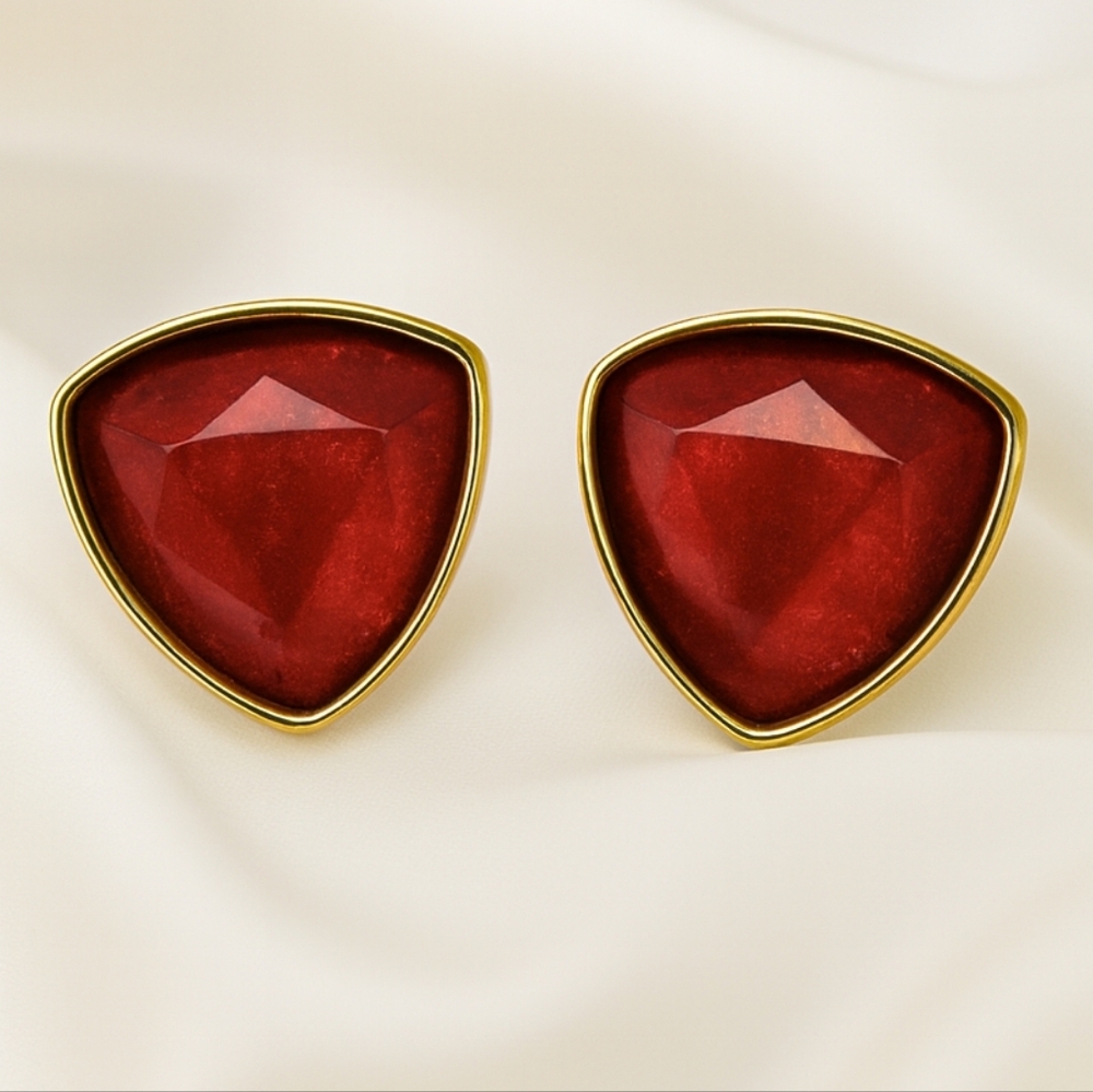 Red Faceted Triangle Stud Earrings – Gold Triangle Trim – Geometric Jewelry